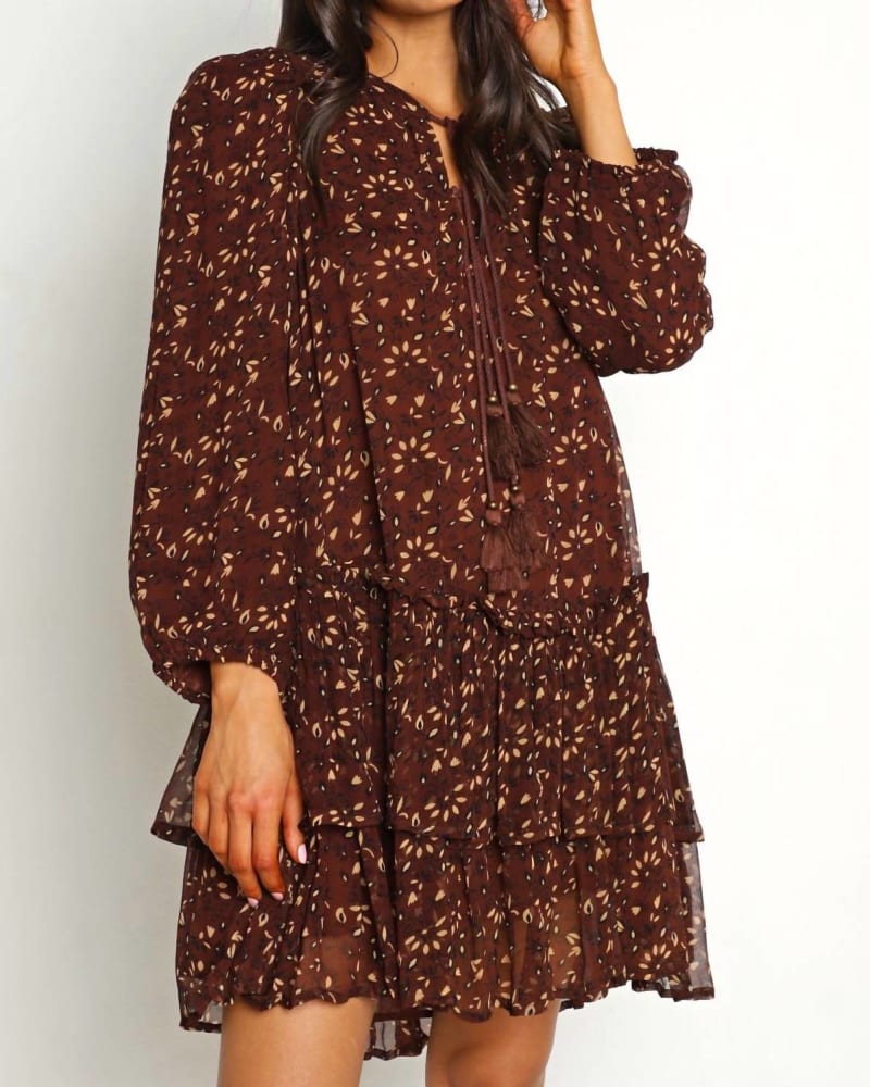 Front of a model wearing a size L Jaslynn Mini Dress in Zadia Block Print in Zadia Block Print by Cleobella. | dia_product_style_image_id:343350